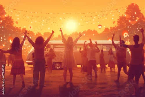illustration, hippie summer festival and sunset view, ai generative