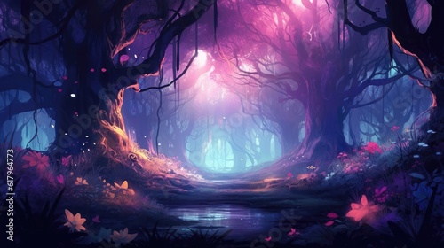 A purple Forest landscape with tree and flower