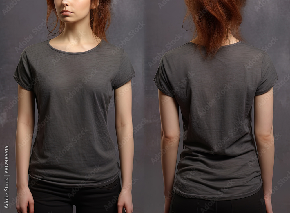 Photo realistic female grey t-shirts with copy space, front, and back view Photo realistic female grey t-shirts with copy space, front, and back view