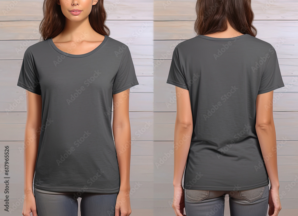 Photo realistic female grey t-shirts with copy space, front, and back view Photo realistic female grey t-shirts with copy space, front, and back view