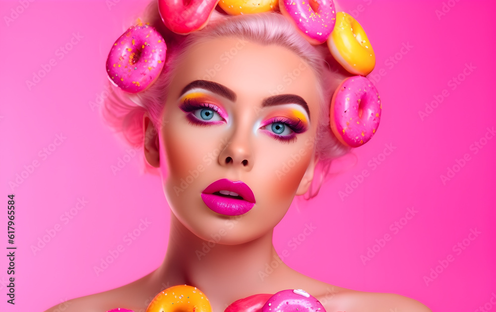 An epitome of pop art beauty, the model dons a colorful makeup look, paired with a delectable donut tiara, all set against a vivid pink canvas.
