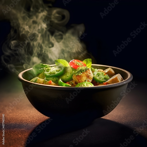 Thai Green Curry bowl, smoke, textured, AI generated.