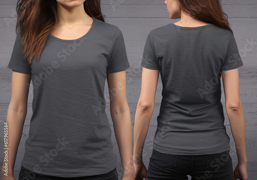 Photo realistic female grey t-shirts with copy space, front, and back view