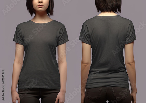 Photo realistic female grey t-shirts with copy space, front, and back view