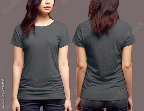 Photo realistic female grey t-shirts with copy space, front, and back view