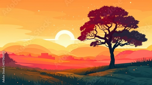 illustration  landscape of a tree in the meadow at dawn  ai generative