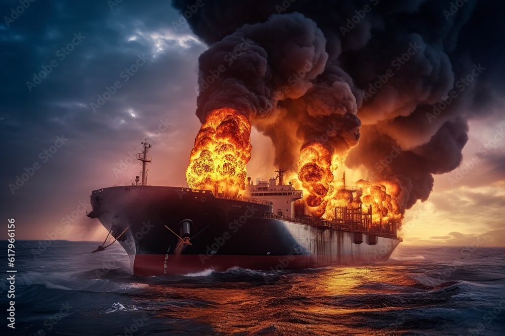 illustration,fire of a ship carrying liquefied gas,generative ai
