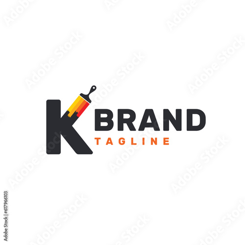 Letter K Logo with Paint Brush - Alphabet K with Paint Brush Logo Design