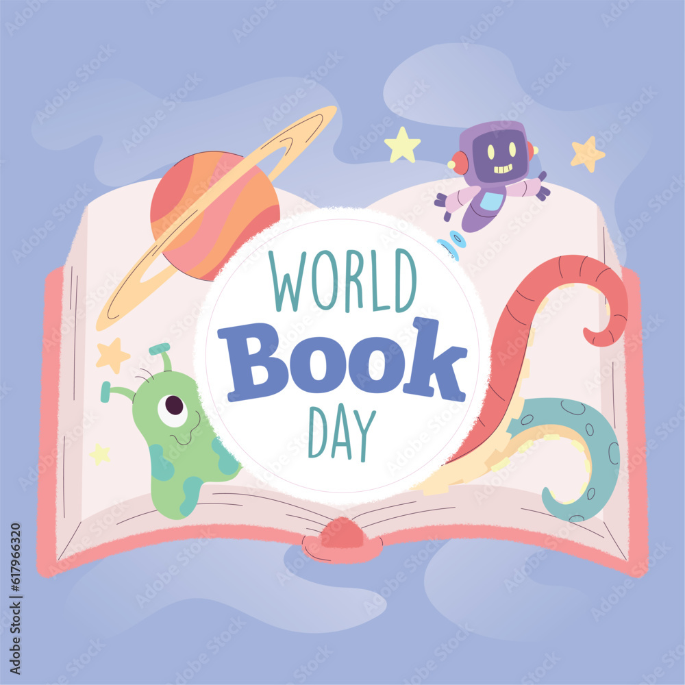 Naklejka premium Isolated open book with scifi icons World book day Vector illustration
