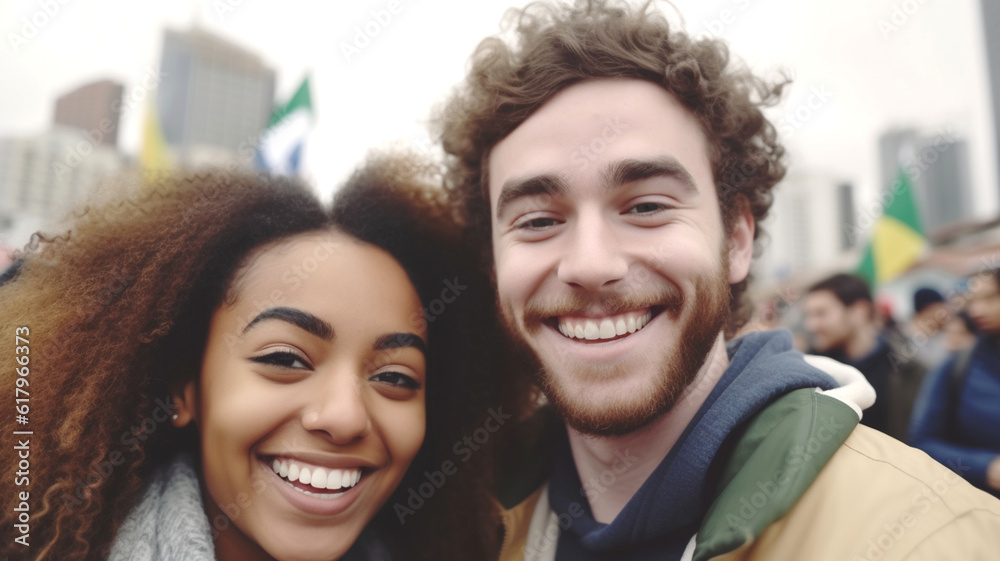 happy couple in a city at a festival, soccer fans, multicultural happy couple in a city at a festival, soccer fans, multicultural