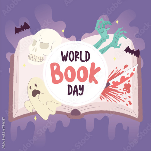 Isolated open book with spooky icons World book day Vector illustration