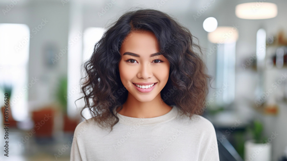 smiling, happy, at home or office, young adult woman, front view, close-up, multiracial female woman, fictional place smiling, happy, at home or office, young adult woman, front view, close-up, multiracial female woman, fictional place
