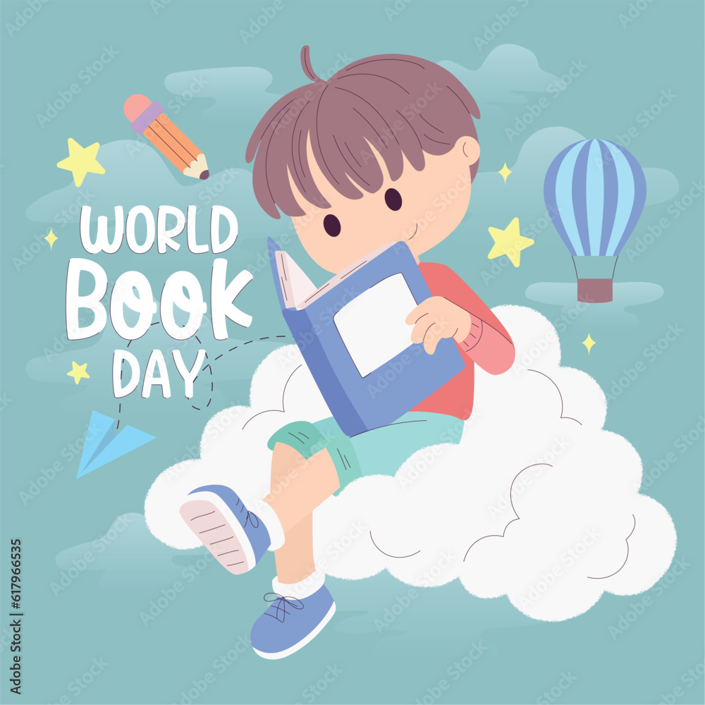 Isolated cute boy reading a book World book day template Vector illustration Isolated cute boy reading a book World book day template Vector illustration