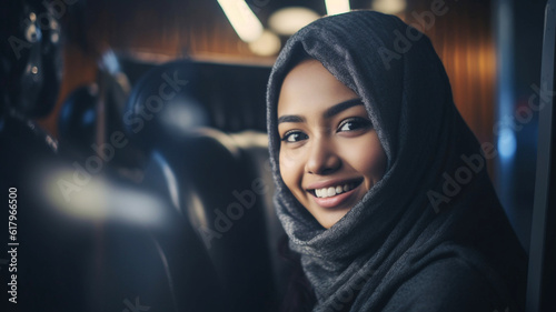 headscarf, arabic or moslem or islam, happy smiling, indoor, young adult woman, front view, close-up, multiracial female woman, fictional place