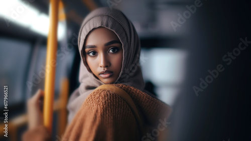 disappointed or sad or thoughtful, in a bus or train, young adult woman, front view, close-up, multiracial female woman, fictional place