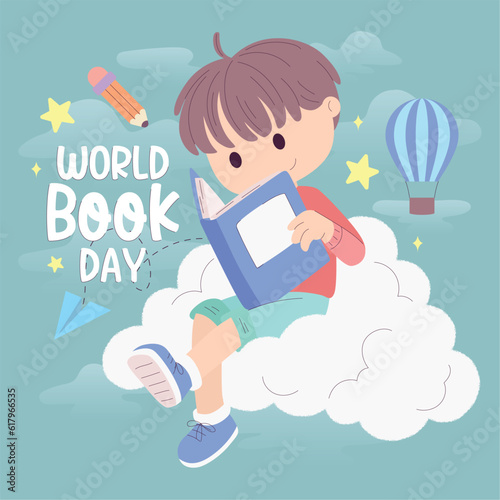 Isolated cute boy reading a book World book day template Vector illustration