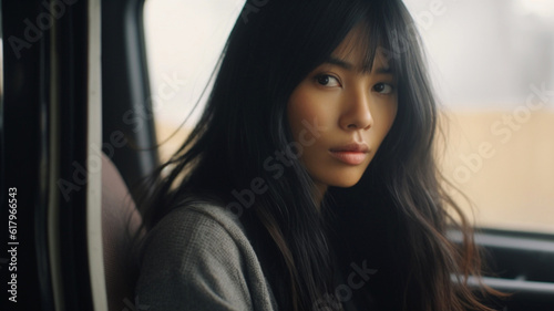 sad in car, rear view young adult woman, smiling, front view, close-up, multiracial happy female woman, fictional place