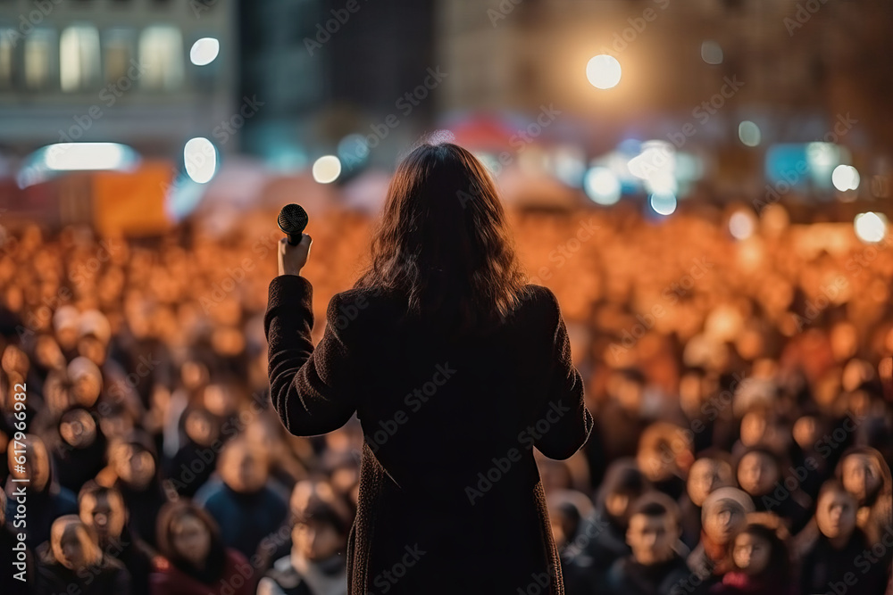 Φωτογραφία Photo of a woman addressing a political rally, holding a microphone in front of