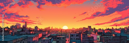 Bright cityscape in comic style. Tall skyscrapers of saturated and bright color. Generative AI