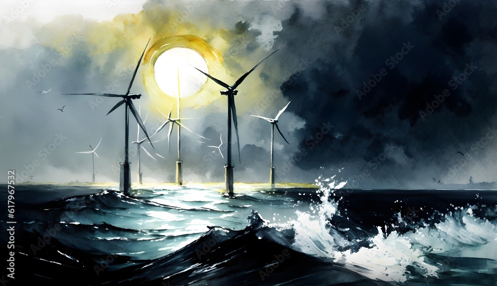 wind turbines in the dark sea weave with white watercolour sunny day bright  - obrazy, fototapety, plakaty 