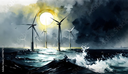 wind turbines in the dark sea weave with white watercolour sunny day bright  photo