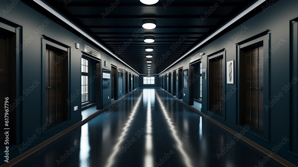 illustration, dark interior corridor leading to the office, ai generative