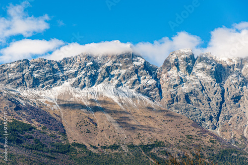 View of Cerro Piltriquitrón from the city of El Bolsón in autumn. © phjacky65