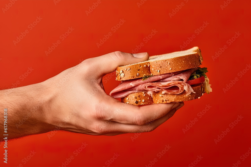 Fototapeta premium Hand holding tasty sandwich on a red background