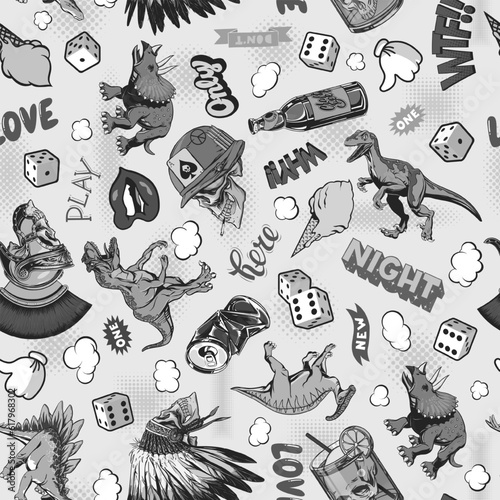 Pop Art pattern with dinosaurs, skulls, dice for print and design. Vector illustration. .