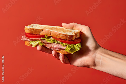Hand holding tasty sandwich on a red background