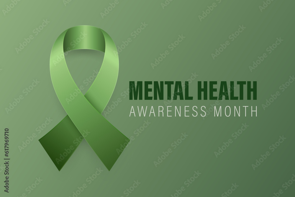 Mental Health Awareness Month Banner, Card, Placard with Vector 3d Realistic Green Ribbon on Green Background. Mental Health Awareness Month - May - Symbol Closeup. World Mental Health Day Concept