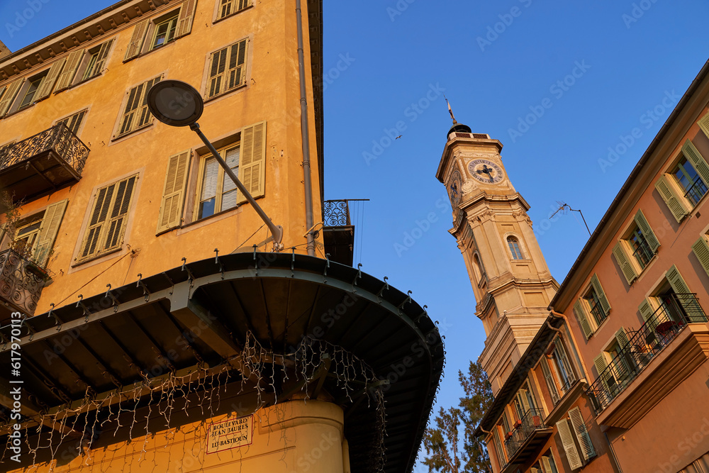 Evening in Nice, France. Low angle view of architecture details