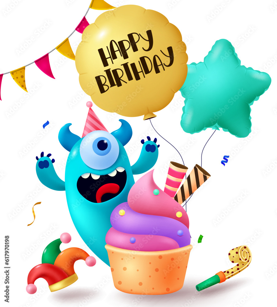 Happy birthday text vector design. Monster character with flying balloons element for birthday party decoration. Vector illustration invitation card concept.