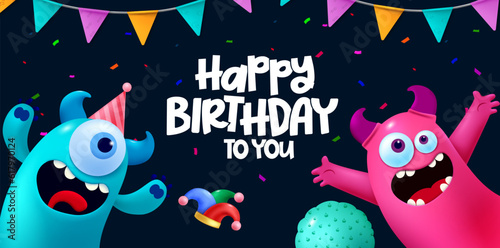 Happy birthday text vector design. Birthday kids party with happy, funny and cute monsters character. Vector illustration invitation card background.