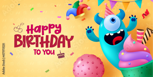 Happy birthday text vector background design. Birthday greeting with happy monster character and party elements. Vector illustration invitation design.