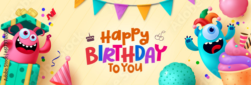 Happy birthday text vector banner design. Birthday greeting typography with cute, funny and happy monster cartoon. Vector illustration invitation card with monsters character.