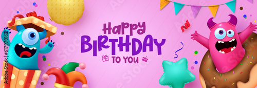 Happy birthday vector banner design. Birthday greeting card with cute monster characters with colorful elements. Vector illustration funny cartoon in invitation card. 
