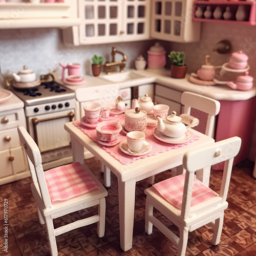 Miniature pink and white kitchen