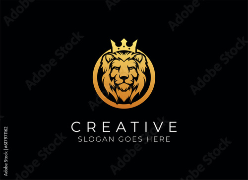 Royal king lion crown symbols. Elegant gold Leo animal logo. Premium luxury brand identity icon. Vector illustration