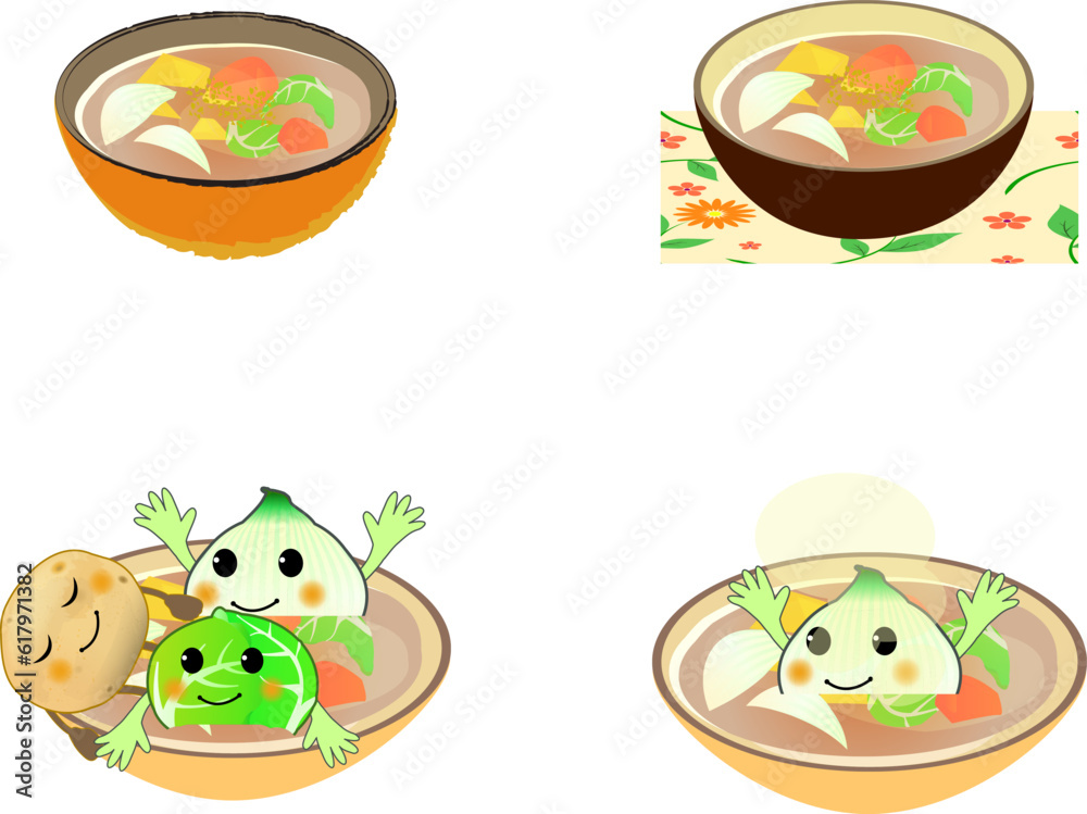 Fototapeta premium 野菜スープと可愛いキャラクターイラストセット