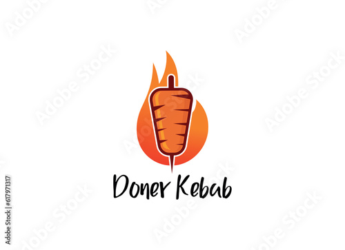 Shish kebab logo design. Meat skewer with vegetable vector design. Grilled meat skewers logotype