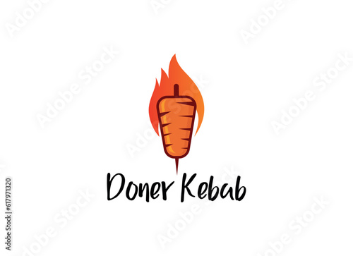 Shish kebab logo design. Meat skewer with vegetable vector design. Grilled meat skewers logotype