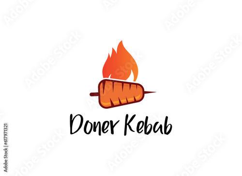 Shish kebab logo design. Meat skewer with vegetable vector design. Grilled meat skewers logotype