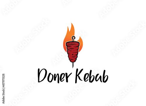 Shish kebab logo design. Meat skewer with vegetable vector design. Grilled meat skewers logotype
