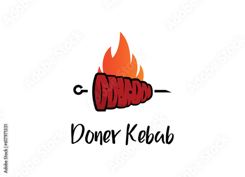 Shish kebab logo design. Meat skewer with vegetable vector design. Grilled meat skewers logotype