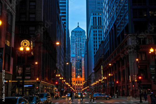 Looking Down Chicago's Financial District at Dusk Towards Board of Trade Building