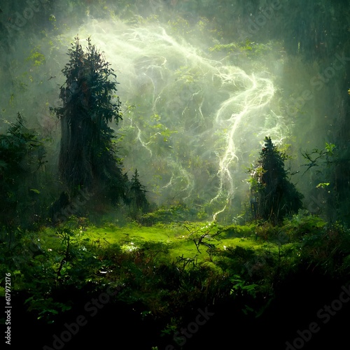 mossy forest witch lightning magicphotorealistic 
