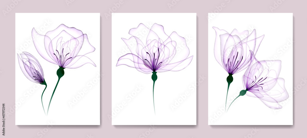 Art background with transparent purple flowers roses in a watercolor style. Botanical hand drawn set for decor, wallpaper, poster, print, textile, interior design.