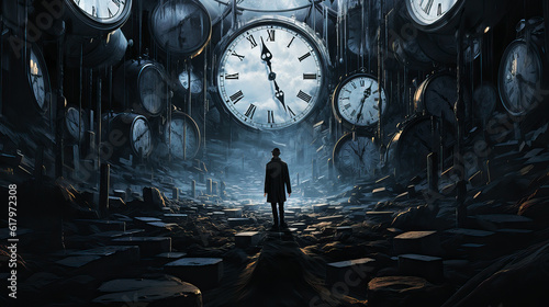 Time flies, a man from behind is standing in a large clock room, time stands still in a dark cave. Fantasy illustration, generative ai