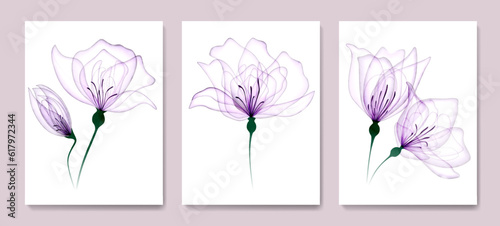 Art background with transparent purple flowers roses in a watercolor style. Botanical hand drawn set for decor, wallpaper, poster, print, textile, interior design.